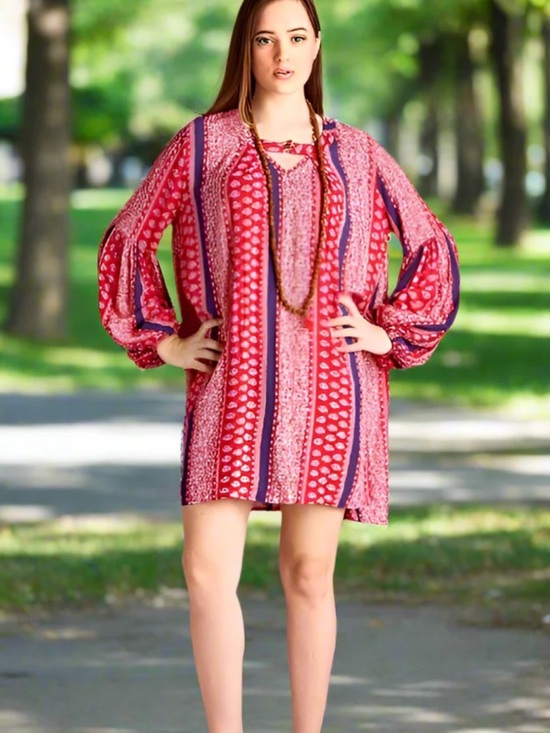 Velzera Dresses & Skirts - Velzera Pink Striped Boho Shift Mini Dress